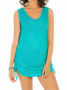 Eco Swim Jacquard Shirred Side Coverup Dress - Surf / Teal - Size XL